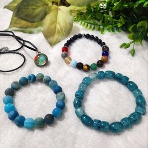 Handmade Jewelry Set three bracelets and a necklace with a sphere map charm